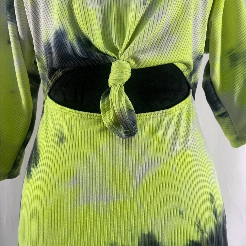 Tie dye maxi dress black, lime,neon yellow, cut out front tie, 
Mid sleeve,Large - Picture 3 of 8